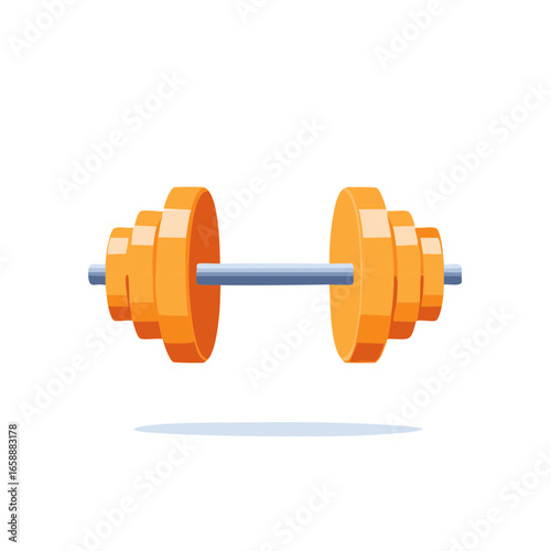 Orange dumbbell with plates on bar for fitness training, gym workout and powerlifting, weightlifting
