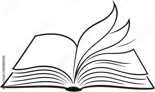 An open book depicted with flowing lines, pages gently turning as if caught by a breeze. The illustration conveys a love for reading and knowledge.