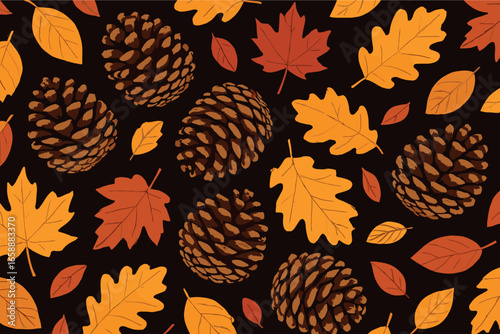 A spread of pine cones mingling with colorful fall leaves, set against a dark chocolate backdrop. The pine cones’ intricate textures contrast with the