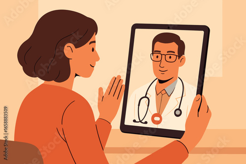 A woman interacts with a doctor through a video call on a tablet. She sits attentively, her hand raised in a gesture of conversation. The doctor's