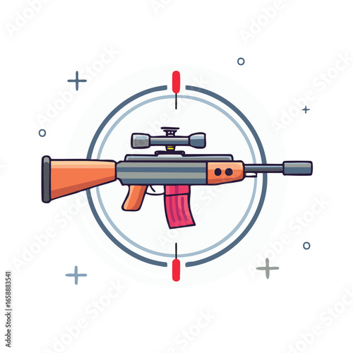 Cartoon Illustration of a Sniper Rifle in Crosshairs Aiming for Targets Icon Design