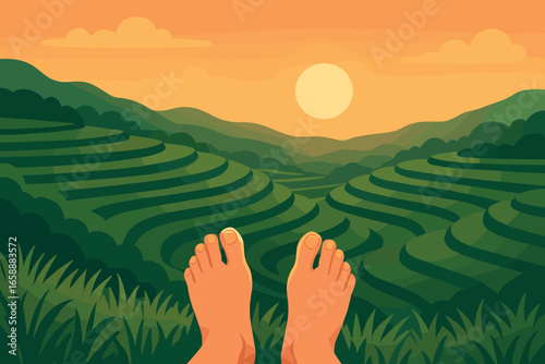 A pair of bare feet rests comfortably at the bottom of the frame, overlooking a lush, terraced landscape at sunset. The scene transitions from the