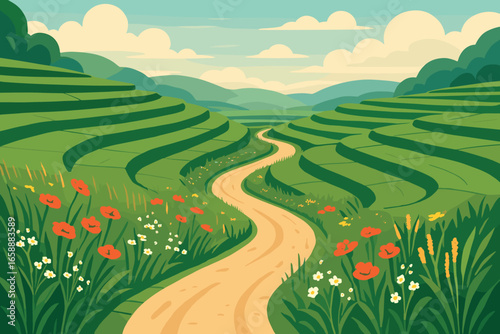 A winding path meanders through the terraced fields, leading the viewer's gaze deeper into the scene. The path is bordered by wildflowers and tall
