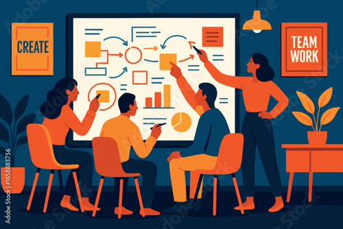 A collaborative workspace featuring an interactive whiteboard filled with colorful diagrams and notes. Team members are actively participating,