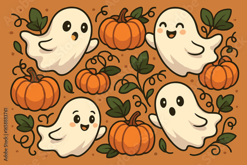 Adorable cartoon ghosts float amidst the pumpkins, their soft white forms providing a gentle contrast against the surrounding elements. Each ghost has
