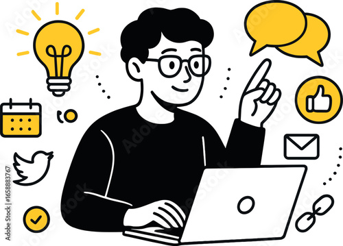 A person engaged with a laptop, surrounded by digital icons like lightbulbs, calendars, and social media symbols. The composition radiates creativity
