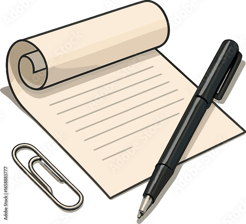 A single silver paperclip lies casually beside the scroll of paper, hinting at casual organization. Its metallic sheen contrasts subtly with the matte