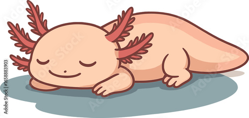 A serene axolotl lying down with eyes closed, resting peacefully on a small blue puddle. Its expression is calm and content, capturing a moment of