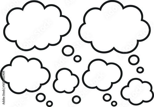 A series of thought bubbles in rounded cloud-like shapes, outlined with thick black lines. These bubbles are scattered in an informal pattern,