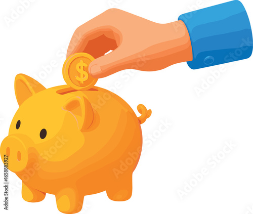 A hand reaching for a piggy bank, representing savings and financial prudence. The piggy bank is prominently displayed, suggesting a focus on building