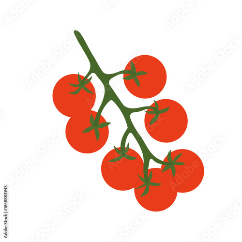 Bunch of fresh cherry tomatoes on a vine. Healthy food designs, gardening themes, or natural product concepts. Flat vector style, isolated on white