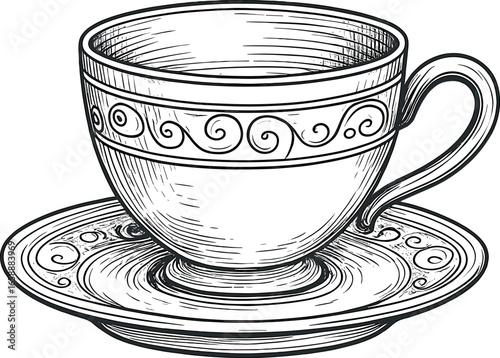 A sketch of a vintage teacup and saucer set, with delicate patterns etched along the rim. The cup rests gently on the saucer, creating a balanced