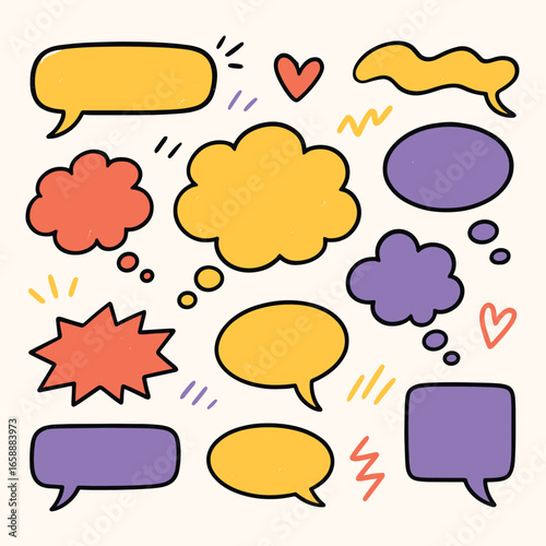 A playful mix of hand-drawn speech and thought bubbles with a cartoonish flair, set on a white canvas. The elements are scattered in an informal yet