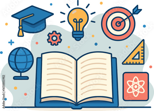 An open book takes center stage, surrounded by colorful educational icons like a graduation cap, lightbulb, and target. The composition is lively,
