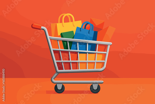 A shopping cart icon filled with colorful items is placed at the forefront, symbolizing a shopping spree. The background is a blend of red and orange,