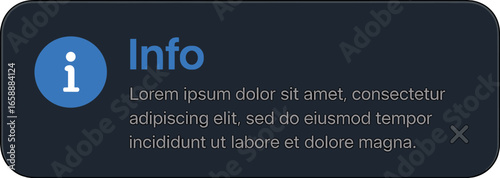An information pop-up with a circular info icon, bold blue 'Info' text, and detailed grey message. The close button on the right maintains the