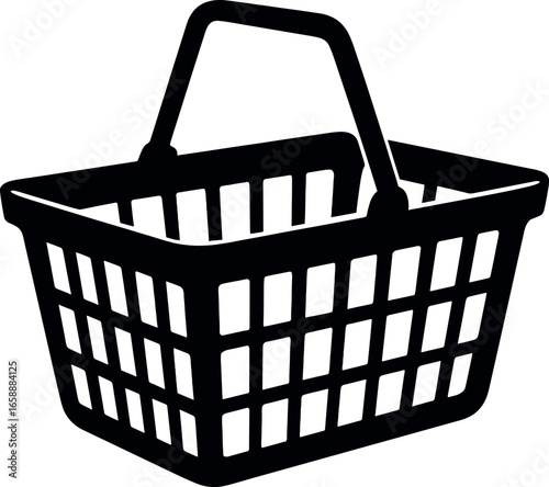 A classic shopping basket with a sturdy handle, depicted in a simple black silhouette. The basket is empty, showcasing its grid-like pattern and
