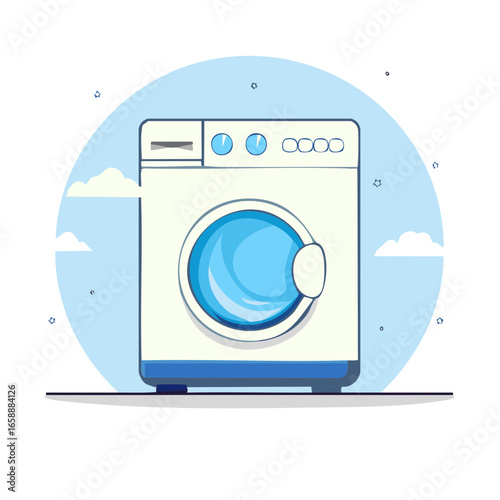 Washing Machine Icon Cartoon Style Appliance with Clouds and Stars Illustration