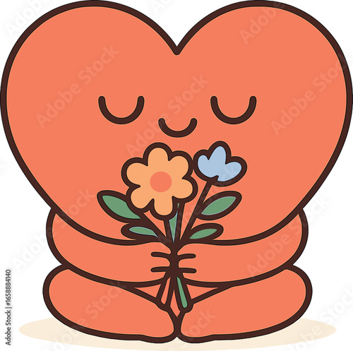 A cheerful heart character holding a small bouquet of flowers sits serenely, its eyes closed in contentment. The gentle curve of its shape and the