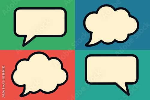 Rectangular and cloud-shaped speech bubbles are prominently featured, each outlined in thick black for emphasis. The interplay of rigid and soft forms