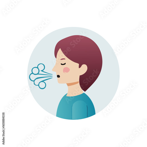 Woman expelling air from her mouth inside circle, conceptual design for flu symptoms