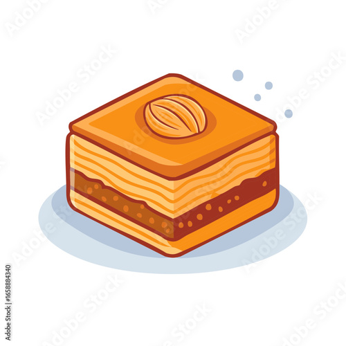 Traditional square piece of baklava with layers, nuts, and syrup topped with a single almond