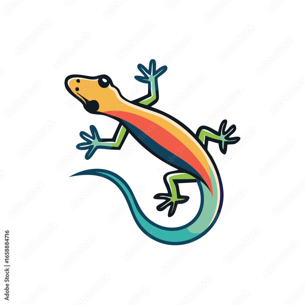 Naklejka premium Vibrant Cartoon Gecko with Stripes, Curled Tail Climbing, Colorful Lizard, Mascot Design, Animal, Wildlife, Reptile, Gecko Clipart