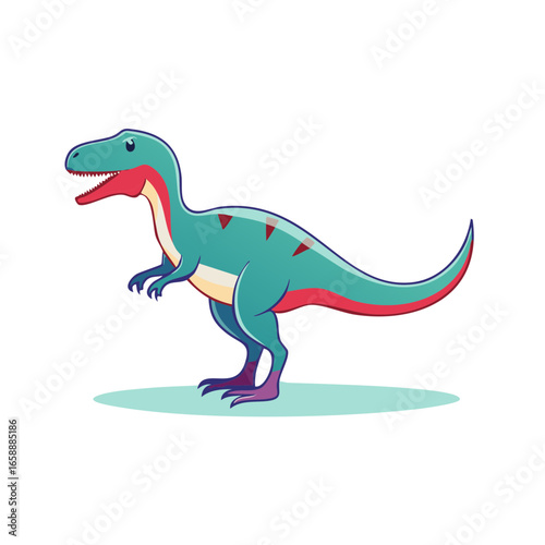 Illustration of Cartoon Allosaurus Dinosaur, Teal Body, Red Stripes, Red Accents, Standing Side View