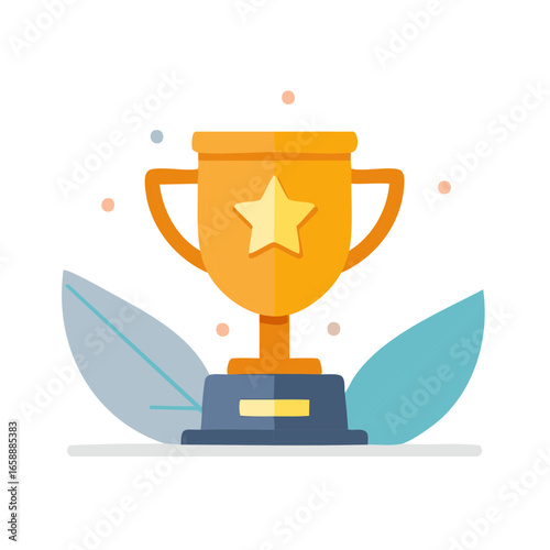 Illustration of an Achievement Trophy with Star Detail and Decorative Leaves
