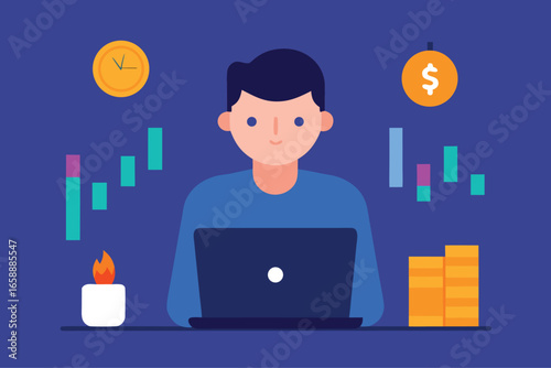 Financial Analyst at Work: A digital illustration showcases a financial analyst deeply engrossed in their work at a desk, studying market data.