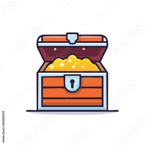 Open Treasure Chest with Gold and Sparkling Gems Inside Cartoon Style Illustration