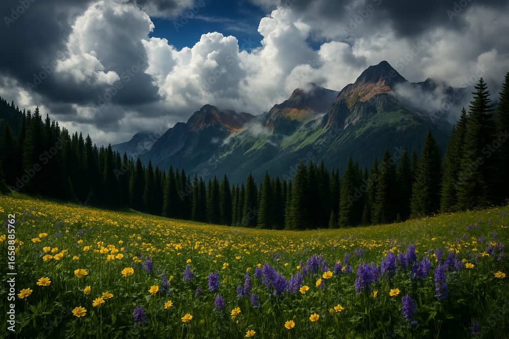 Fototapeta premium Majestic Summer Alpine Landscape with Wildflowers, Pine Forest, and Rugged Mountain Peaks under Dramatic Sky – Ultra-Realistic Nature Photography 