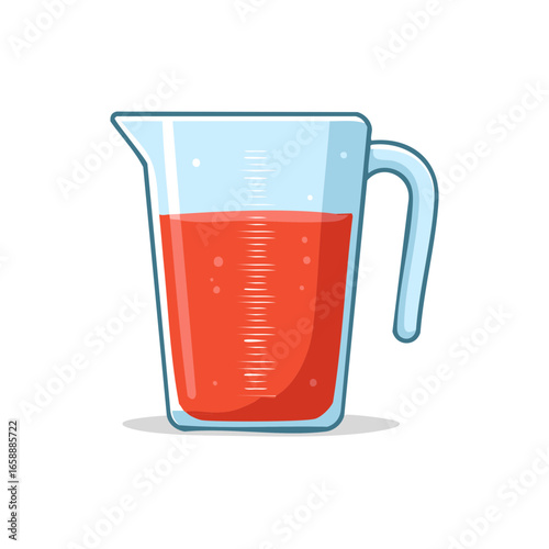 Cartoon style illustration of a glass measuring jug filled with red liquid, measuring lines