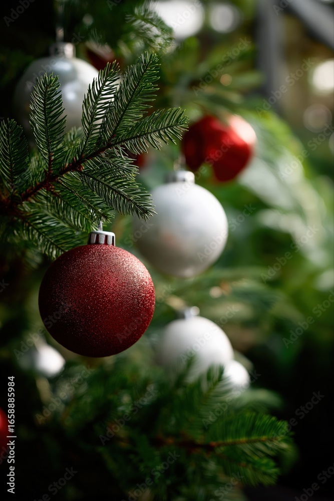 Fototapeta premium Festive christmas tree with red and white baubles and evergreen branches