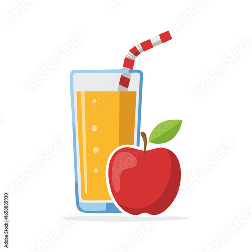 Refreshing apple juice in glass with striped straw, beside a vibrant red apple, simple flat design and healthy drink concept
