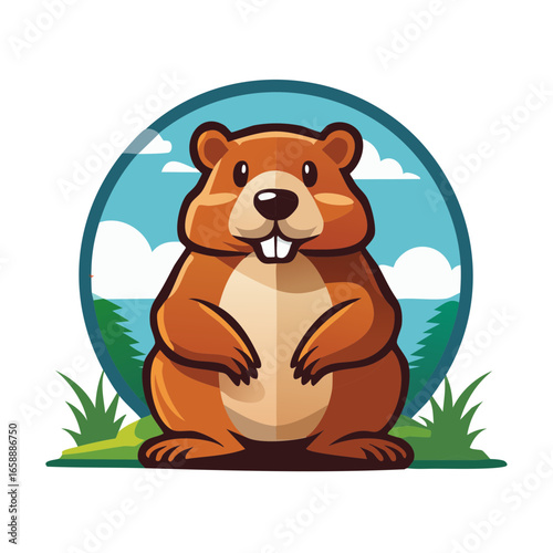 Cartoon brown beaver smiling with buck teeth on blue sky landscape design icon