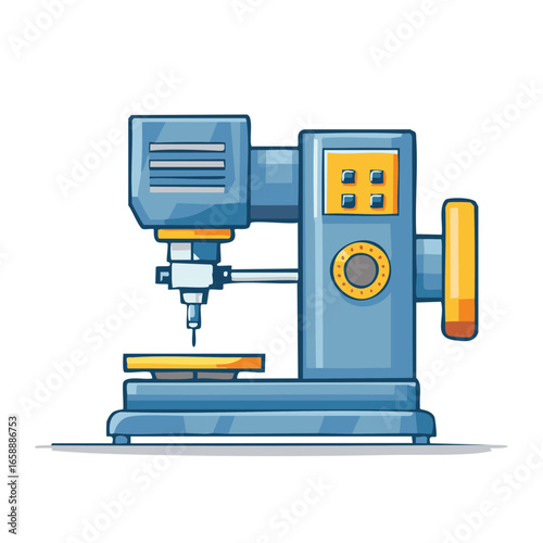 Stylized Illustration of a Vertical Milling Machine with Control Panel and Workpiece Table