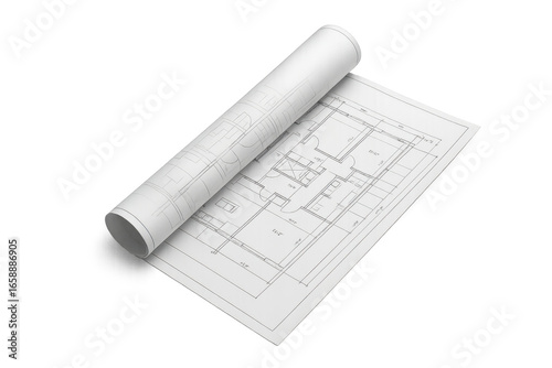 Architectural blueprint partially rolled up showing a transparent background