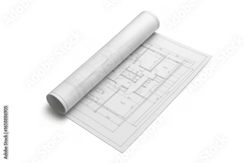 Fototapeta na wymiar Architectural blueprint partially rolled up showing a transparent background