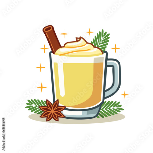 Holiday Eggnog Drink with Cinnamon Stick and Anise Star, Illustration, Festive Beverage