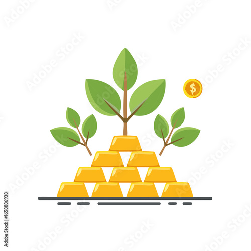 Gold bars pyramid with growing plants and dollar coin illustration.