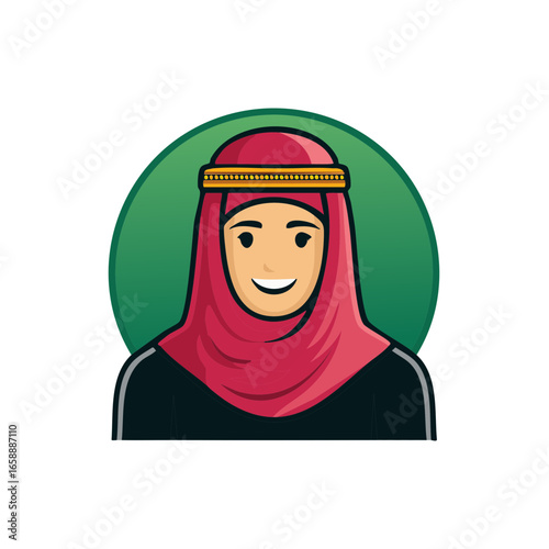 Vector illustration of a woman wearing traditional middle eastern attire, featuring hijab and headdress, smiling