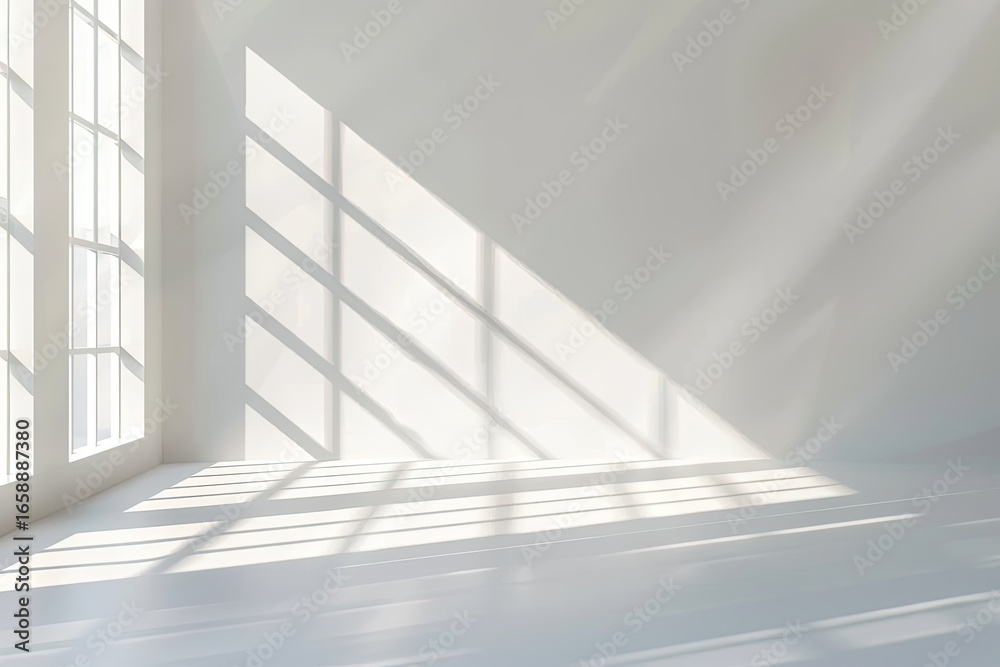 Obraz premium Sunlight streams through large window in empty white room, showcasing shadows on wall and floor; ideal for minimalist design