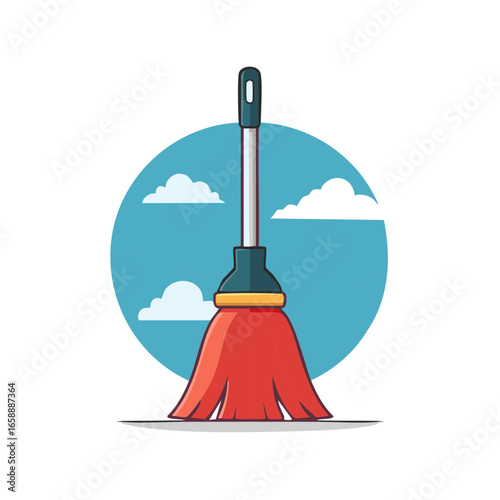 Illustration of a red broom for sweeping with handle and sky background for cleaning and cleanliness concepts.