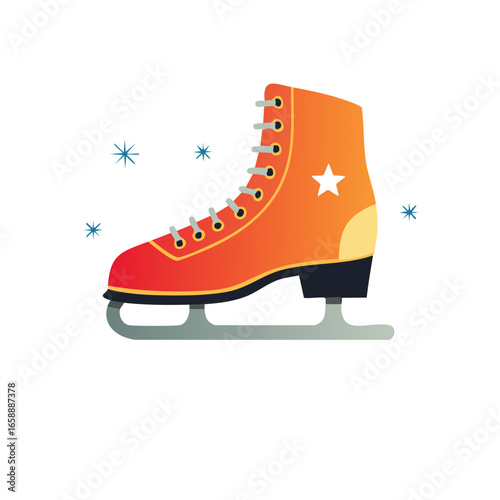 Festive orange ice skate with star design and snowflakes for winter sports fun