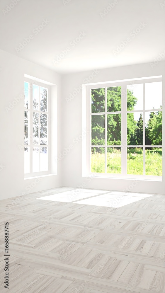 Obraz premium Empty white room with large windows overlooking a garden
