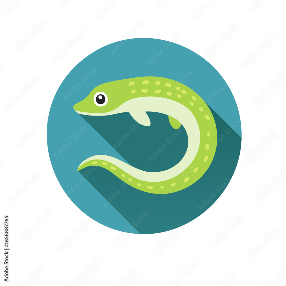 Fototapeta premium Adorable eel icon with a playful cartoon design featuring bright green hues and cute spots swimming within a blue circle.
