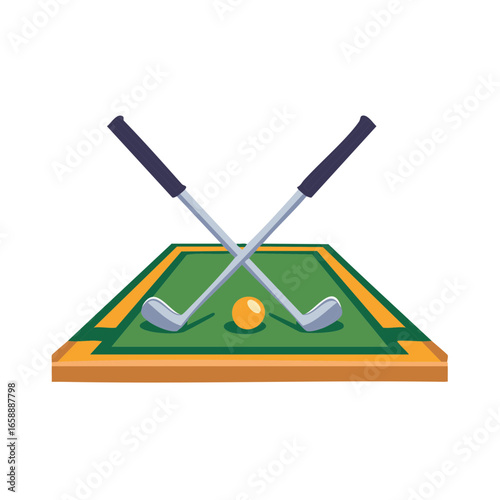 Golf Clubs and Ball on Green Surface Golfing Scene Illustration