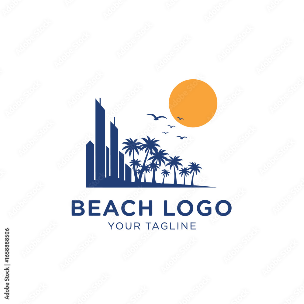 Fototapeta premium Beach resort logo design featuring city skyline and palm trees.