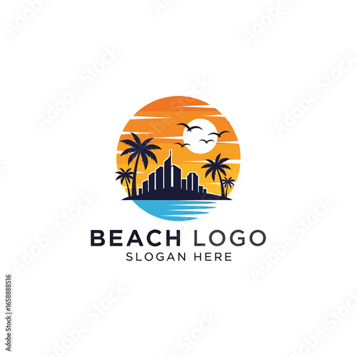 A circular beach logo design featuring a city skyline silhouette with palm trees against a vibrant sunset over the ocean.